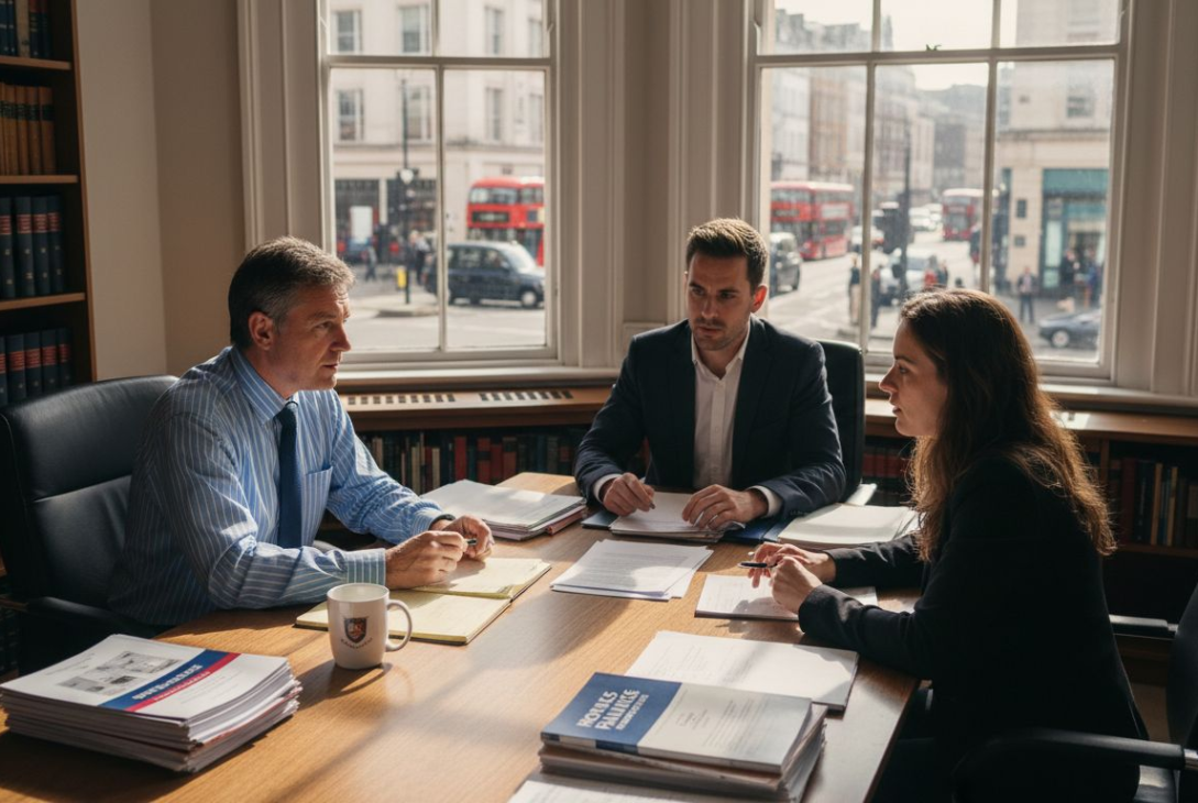 Solicitor consulting UK homebuyers in office