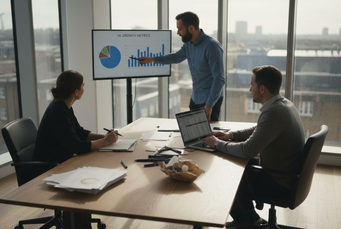 Business owners meeting about UK metrics