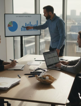 Business owners meeting about UK metrics