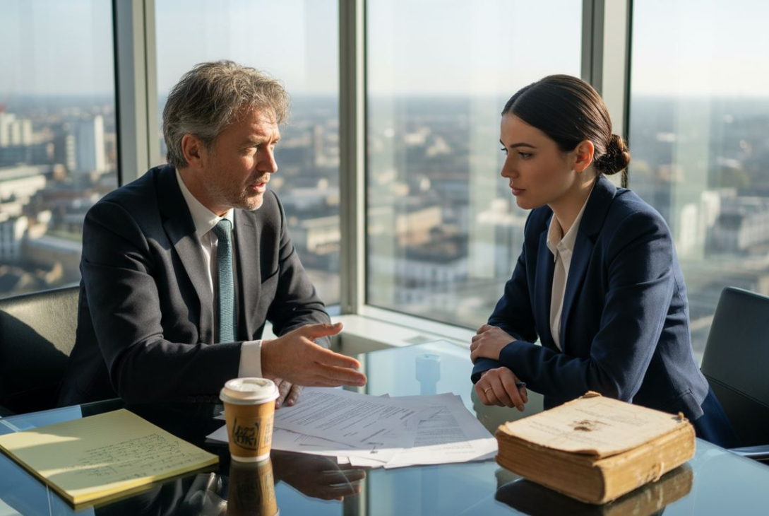 Lawyer consulting small business client in office