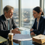 Lawyer consulting small business client in office