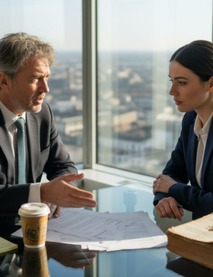 Lawyer consulting small business client in office