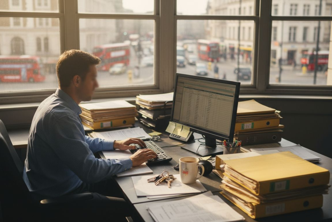 UK property manager reviewing tenancy documents in office