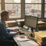 UK property manager reviewing tenancy documents in office