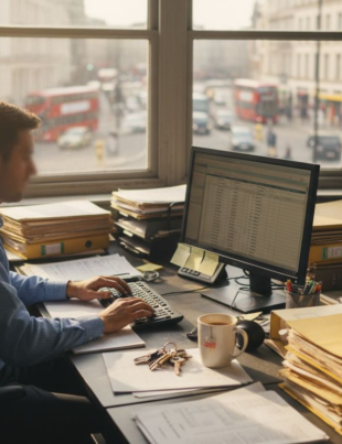 UK property manager reviewing tenancy documents in office