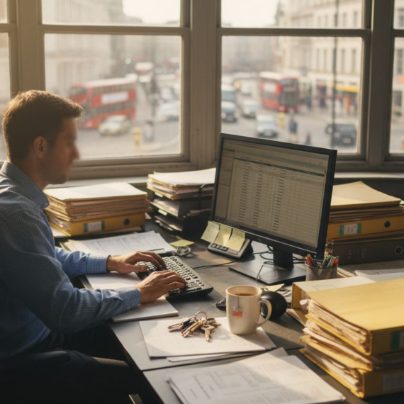 UK property manager reviewing tenancy documents in office