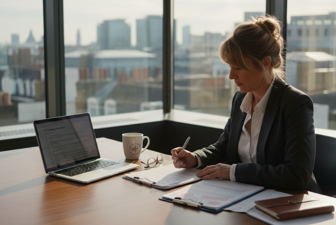 Executive reviewing UK registration paperwork