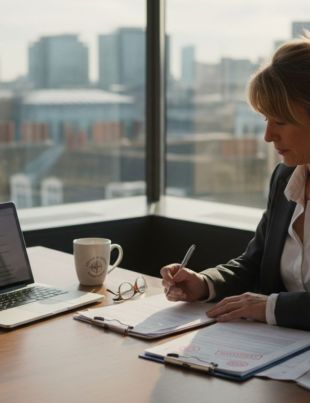 Executive reviewing UK registration paperwork