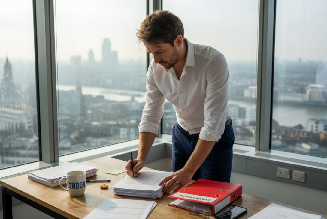 Business owner preparing registration forms in London office