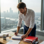 Business owner preparing registration forms in London office