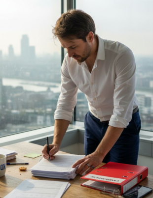 Business owner preparing registration forms in London office
