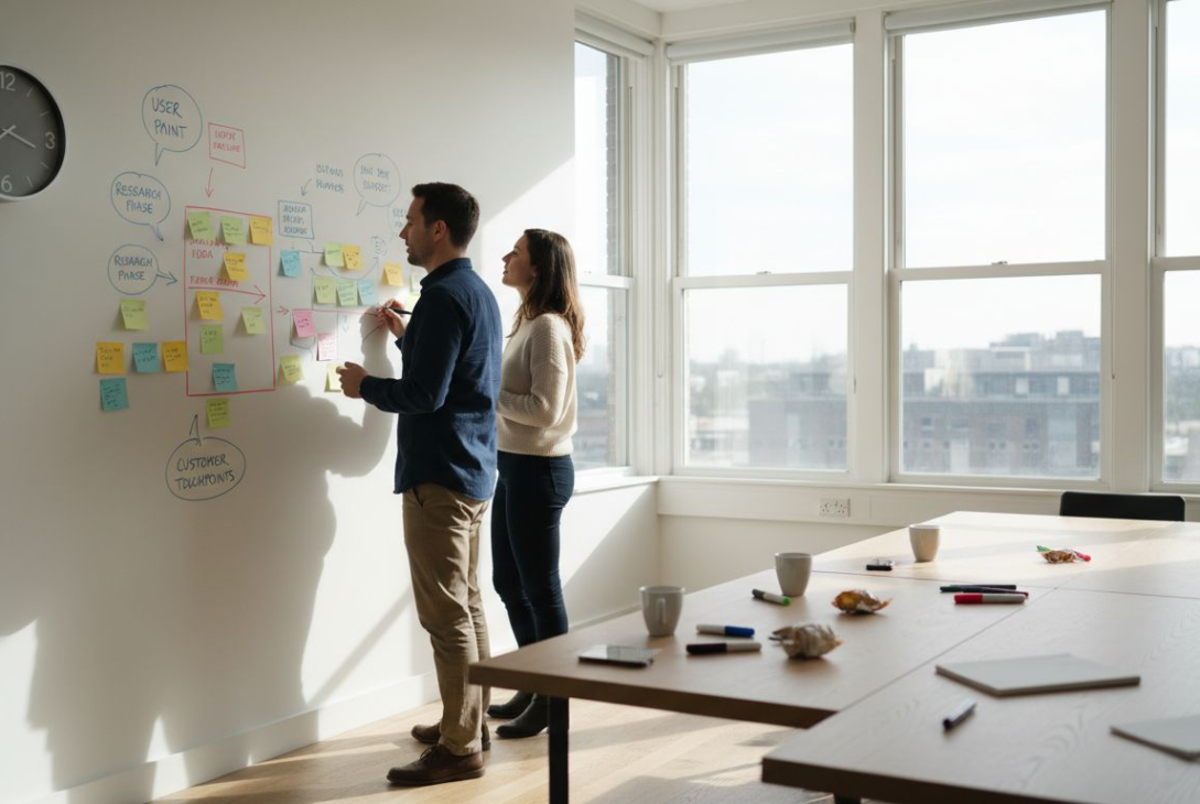 Designers review user journey map in office