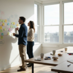 Designers review user journey map in office