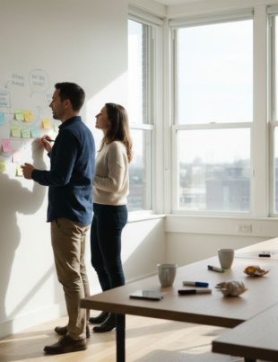 Designers review user journey map in office