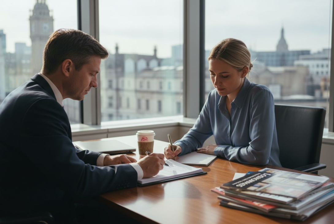 Homebuyers and solicitor reviewing contract