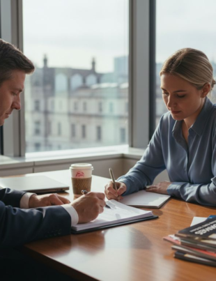 Homebuyers and solicitor reviewing contract
