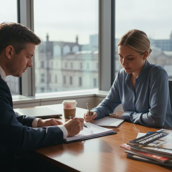 Homebuyers and solicitor reviewing contract