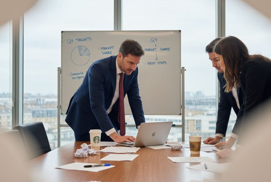 UK business team at cluttered boardroom table