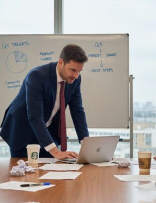 UK business team at cluttered boardroom table