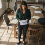 Small business owner reviews job paperwork