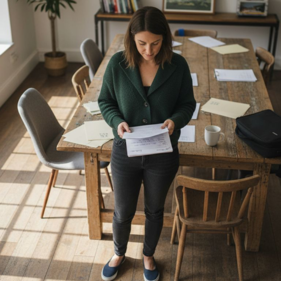 Small business owner reviews job paperwork