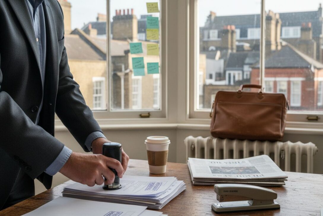 UK company owner working in bright city office