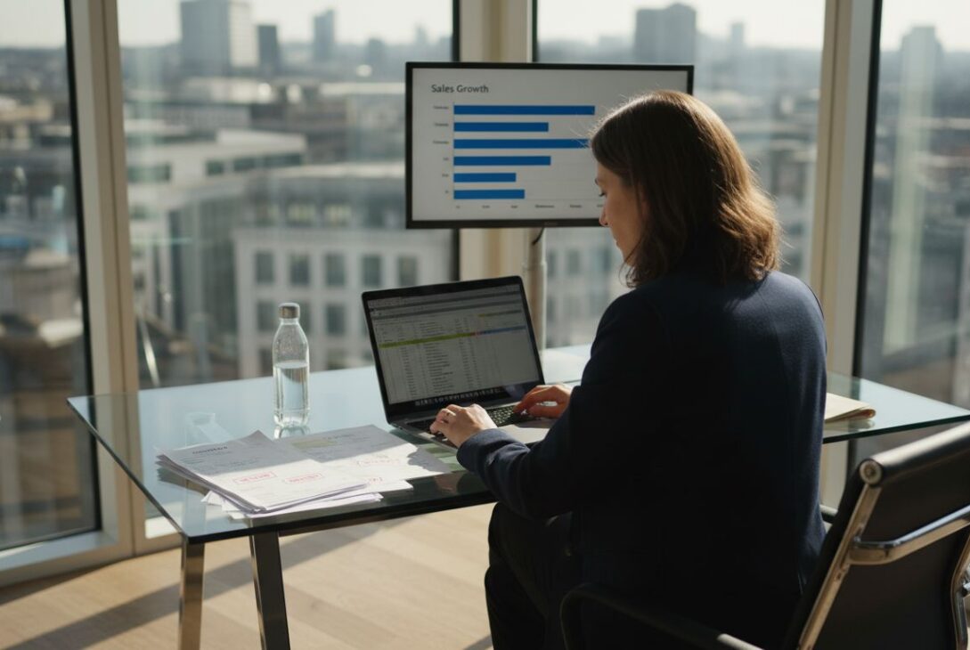 UK small business owner working with data