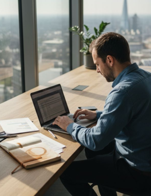 SME owner reviewing analytics at London office