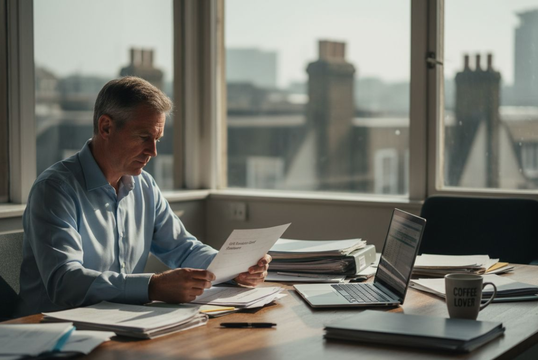 Business owner sorting SME grant paperwork
