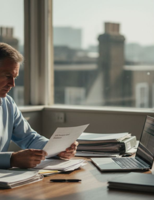 Business owner sorting SME grant paperwork