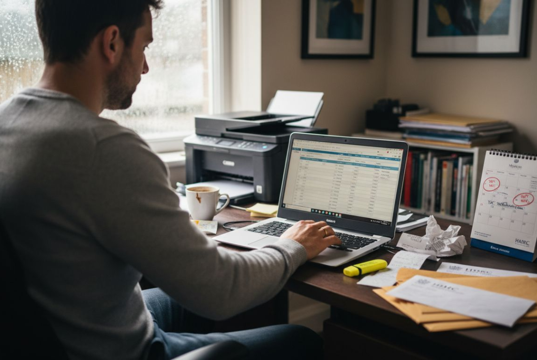 Small business owner reviewing expense spreadsheet