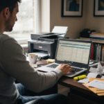 Small business owner reviewing expense spreadsheet