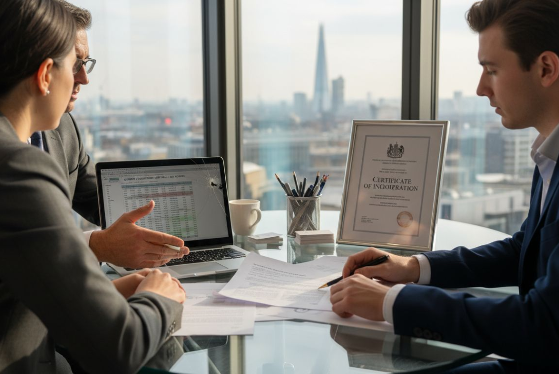 Directors in corner office reviewing company paperwork