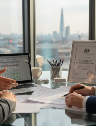 Directors in corner office reviewing company paperwork