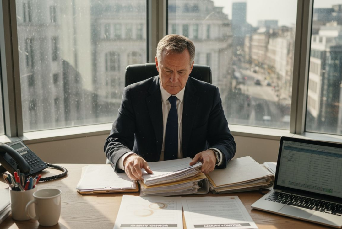 Business consultant at cluttered office table in London