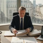 Business consultant at cluttered office table in London