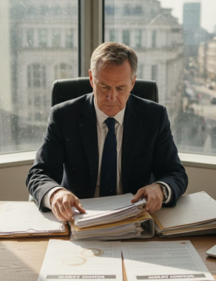 Business consultant at cluttered office table in London