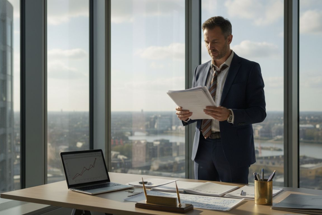 Director reading board reports in corner office