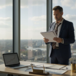 Director reading board reports in corner office