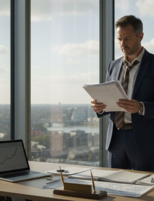 Director reading board reports in corner office