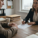 Solicitor and client meet in office corner