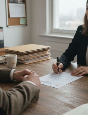 Solicitor and client meet in office corner