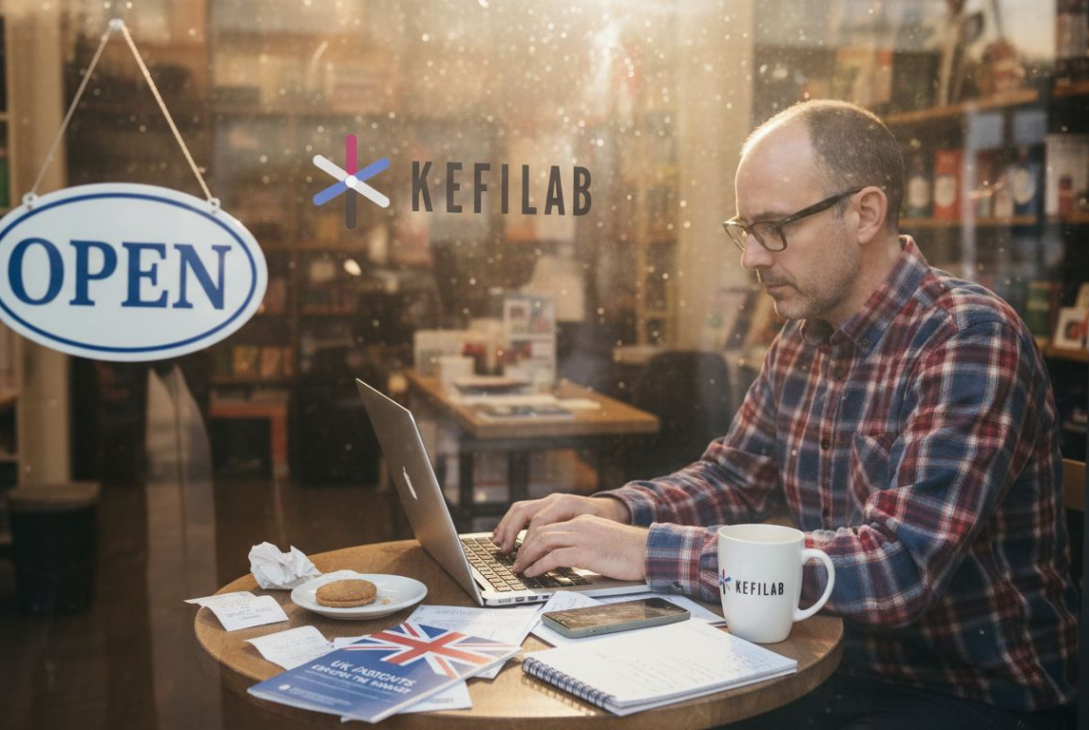UK shop owner managing SEO at storefront desk