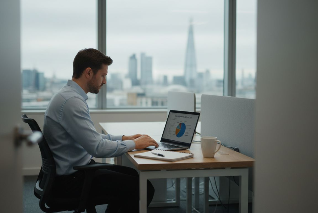 Business owner reviewing email campaign data in UK office