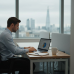 Business owner reviewing email campaign data in UK office