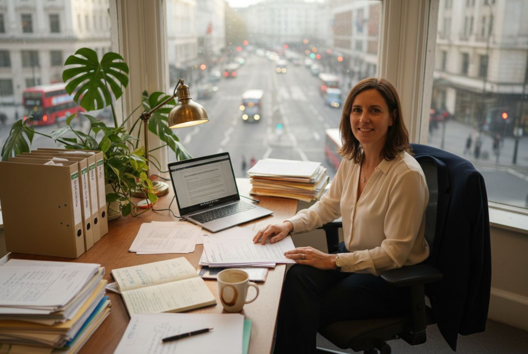 Solicitor reviewing property transaction documents in office