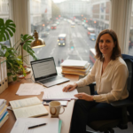 Solicitor reviewing property transaction documents in office