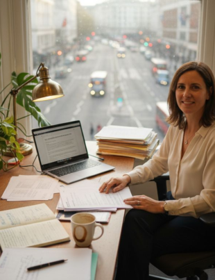 Solicitor reviewing property transaction documents in office