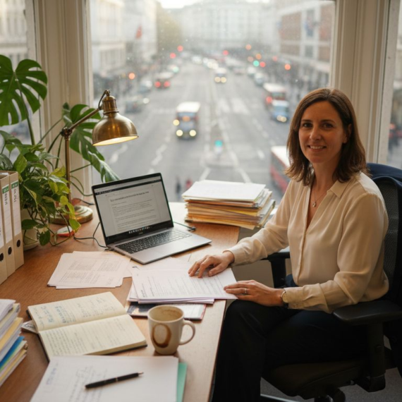 Solicitor reviewing property transaction documents in office