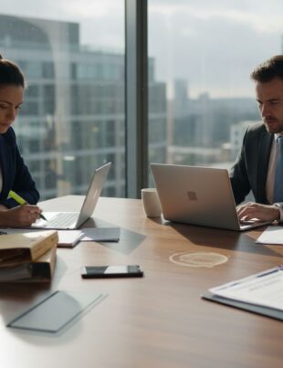 Legal team reviews contracts in boardroom